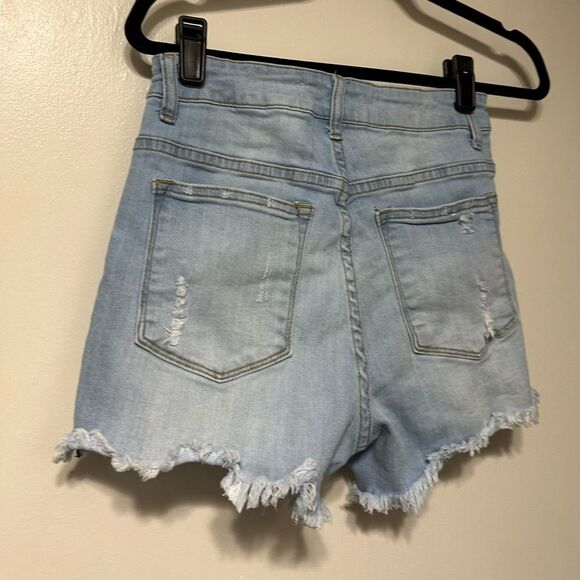 High Waist Stretch Denim Short Light Wash Raw Hem - Picture 4 of 5